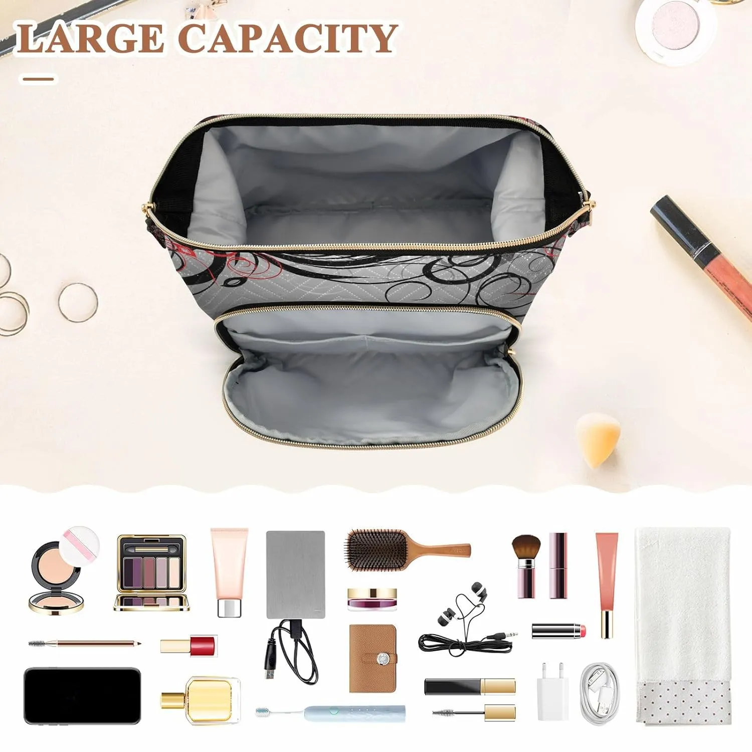 Women Wave Quilt Cosmetic Bag, Zipper Toiletry Storage 10.2x5.9x6.7 in, Pouch Handbag Makeup Case Purse Holder Organizer Print Red Black Grey Floral Leaf Swirl Abstract