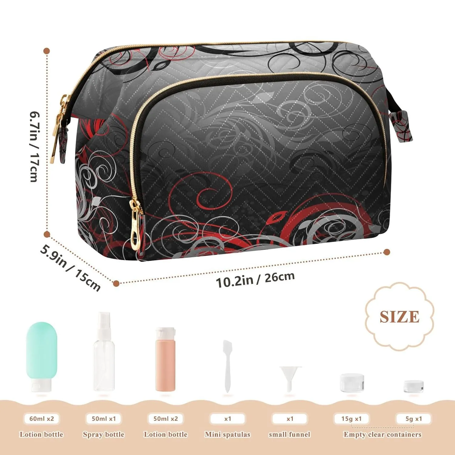 Women Wave Quilt Cosmetic Bag, Zipper Toiletry Storage 10.2x5.9x6.7 in, Pouch Handbag Makeup Case Purse Holder Organizer Print Red Black Grey Floral Leaf Swirl Abstract
