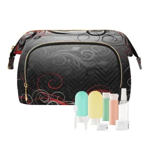 Women Wave Quilt Cosmetic Bag, Zipper Toiletry Storage 10.2x5.9x6.7 in, Pouch Handbag Makeup Case Purse Holder Organizer Print Red Black Grey Floral Leaf Swirl Abstract