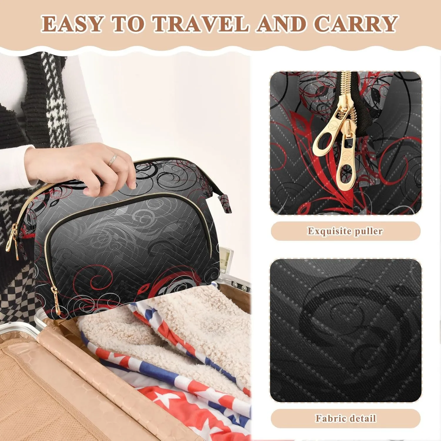 Women Wave Quilt Cosmetic Bag, Zipper Toiletry Storage 10.2x5.9x6.7 in, Pouch Handbag Makeup Case Purse Holder Organizer Print Red Black Grey Floral Leaf Swirl Abstract