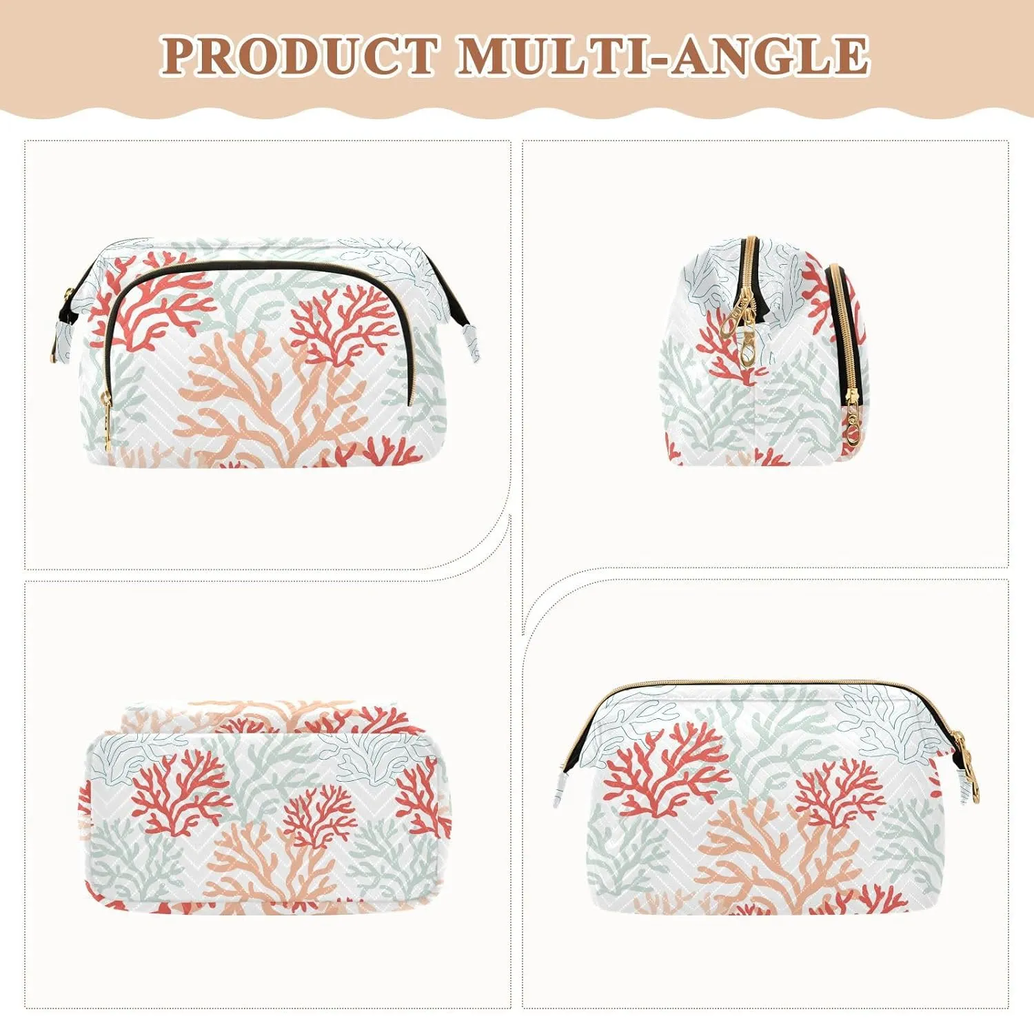 Women Wave Quilt Cosmetic Bag, Zipper Toiletry Storage 10.2x5.9x6.7 in, Pouch Handbag Makeup Case Purse Holder Organizer Print Red pink Mint corals Reef on the White