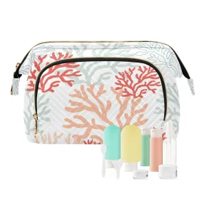 Women Wave Quilt Cosmetic Bag, Zipper Toiletry Storage 10.2x5.9x6.7 in, Pouch Handbag Makeup Case Purse Holder Organizer Print Red pink Mint corals Reef on the White