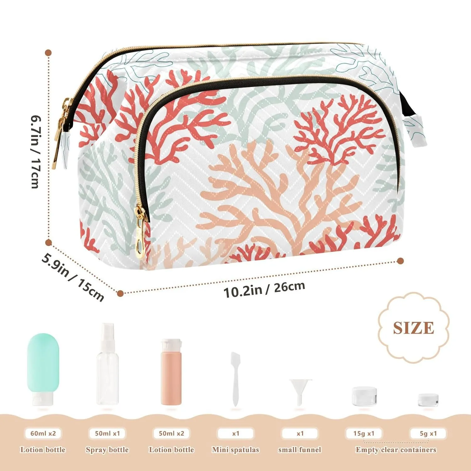 Women Wave Quilt Cosmetic Bag, Zipper Toiletry Storage 10.2x5.9x6.7 in, Pouch Handbag Makeup Case Purse Holder Organizer Print Red pink Mint corals Reef on the White