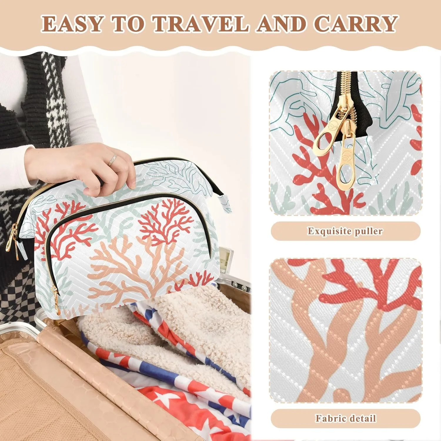 Women Wave Quilt Cosmetic Bag, Zipper Toiletry Storage 10.2x5.9x6.7 in, Pouch Handbag Makeup Case Purse Holder Organizer Print Red pink Mint corals Reef on the White