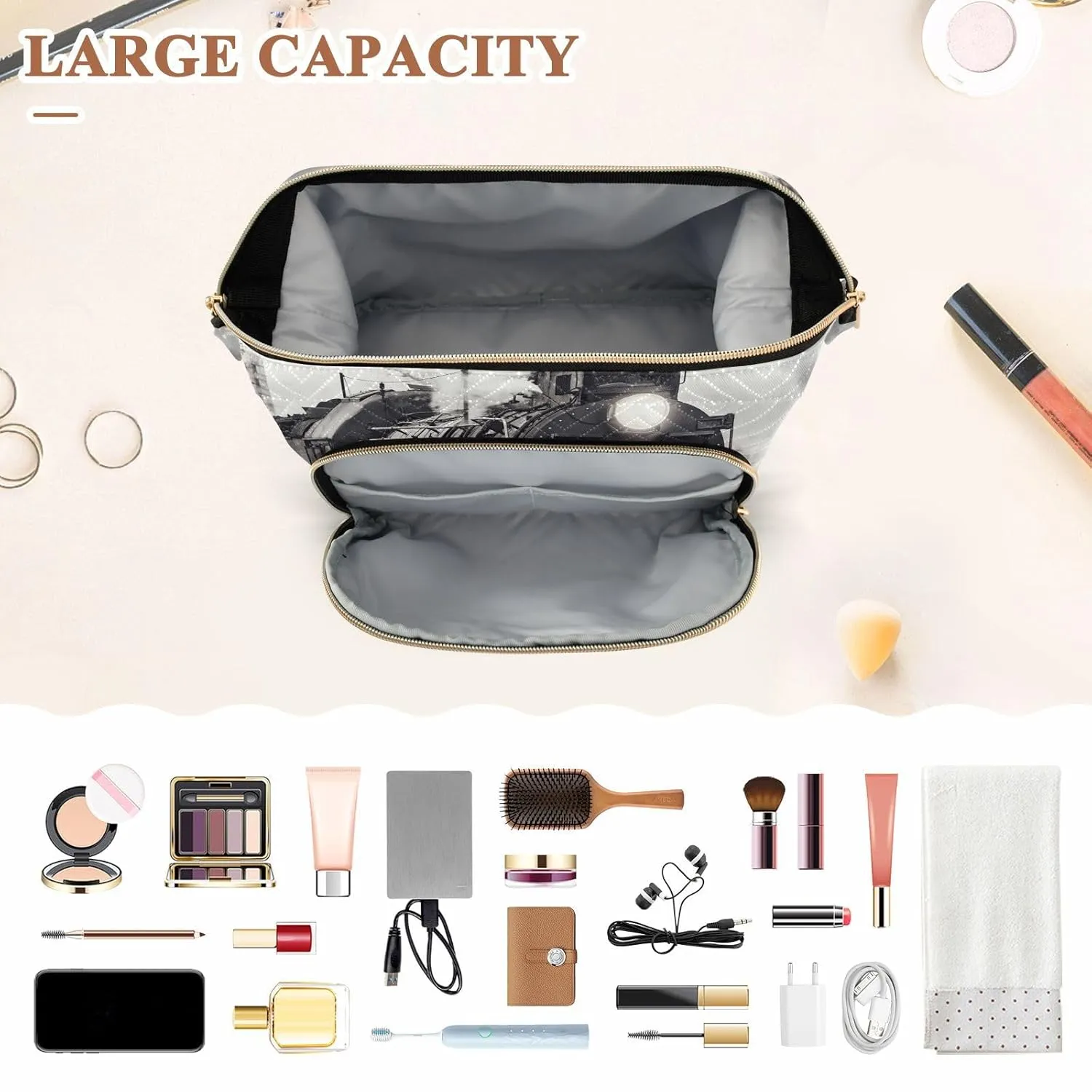 Women Wave Quilt Cosmetic Bag, Zipper Toiletry Storage 10.2x5.9x6.7 in, Pouch Handbag Makeup Case Purse Holder Organizer Print Steam Train With Smoke Departs from Railway Station