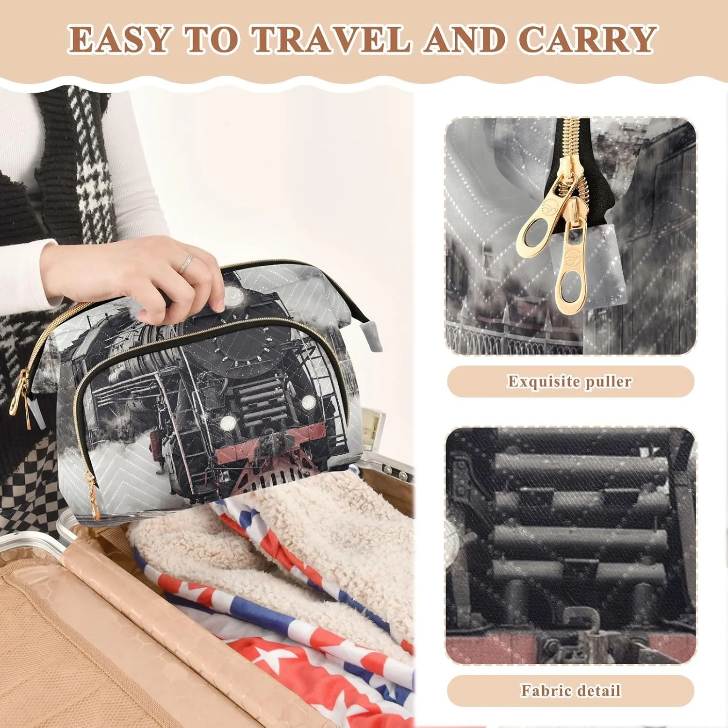 Women Wave Quilt Cosmetic Bag, Zipper Toiletry Storage 10.2x5.9x6.7 in, Pouch Handbag Makeup Case Purse Holder Organizer Print Steam Train With Smoke Departs from Railway Station
