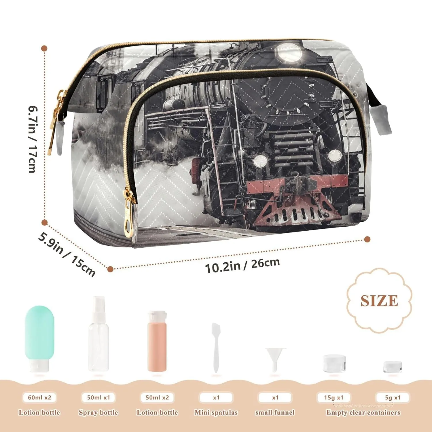 Women Wave Quilt Cosmetic Bag, Zipper Toiletry Storage 10.2x5.9x6.7 in, Pouch Handbag Makeup Case Purse Holder Organizer Print Steam Train With Smoke Departs from Railway Station