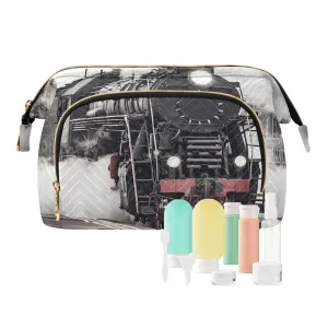 Women Wave Quilt Cosmetic Bag, Zipper Toiletry Storage 10.2x5.9x6.7 in, Pouch Handbag Makeup Case Purse Holder Organizer Print Steam Train With Smoke Departs from Railway Station