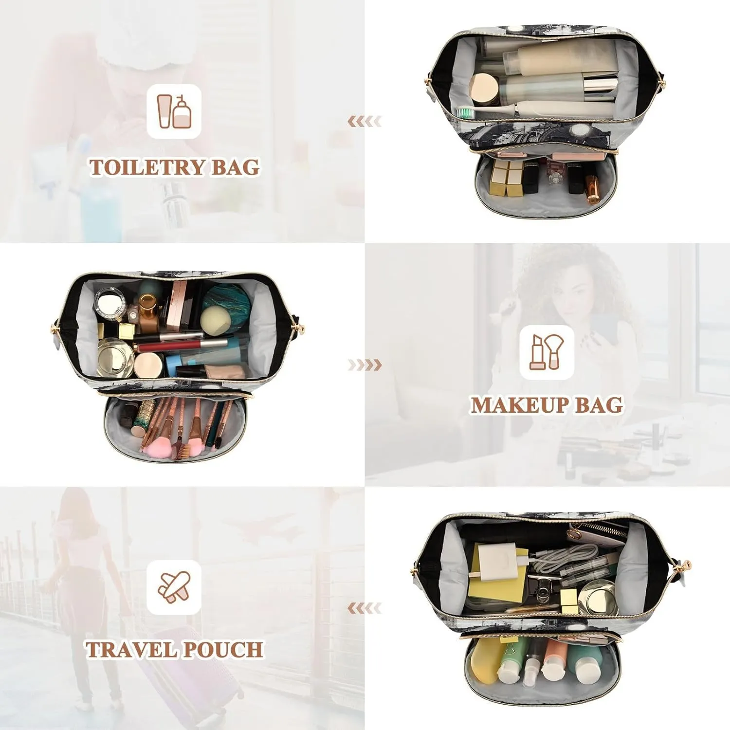 Women Wave Quilt Cosmetic Bag, Zipper Toiletry Storage 10.2x5.9x6.7 in, Pouch Handbag Makeup Case Purse Holder Organizer Print Steam Train With Smoke Departs from Railway Station