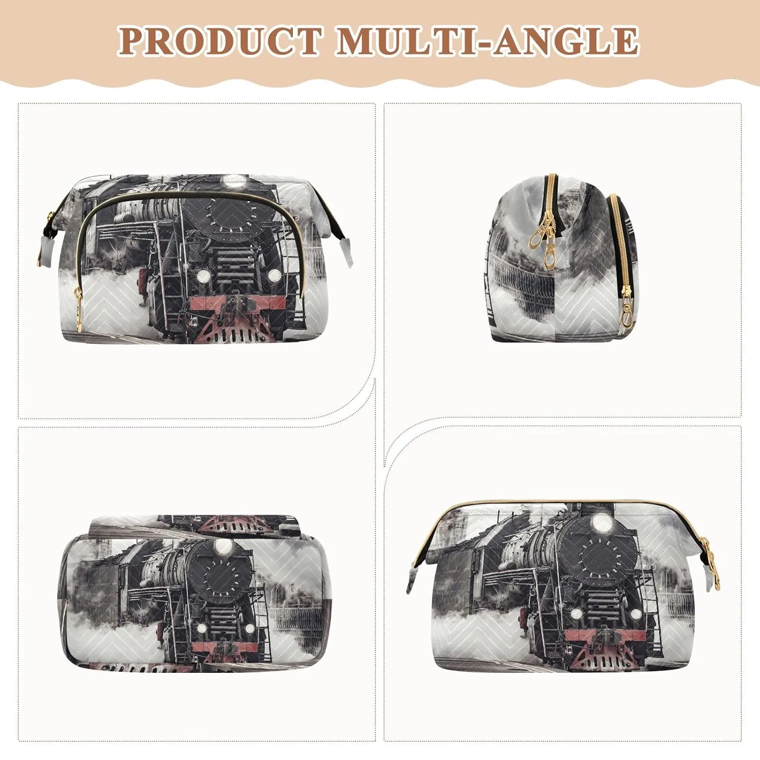Women Wave Quilt Cosmetic Bag, Zipper Toiletry Storage 10.2x5.9x6.7 in, Pouch Handbag Makeup Case Purse Holder Organizer Print Steam Train With Smoke Departs from Railway Station
