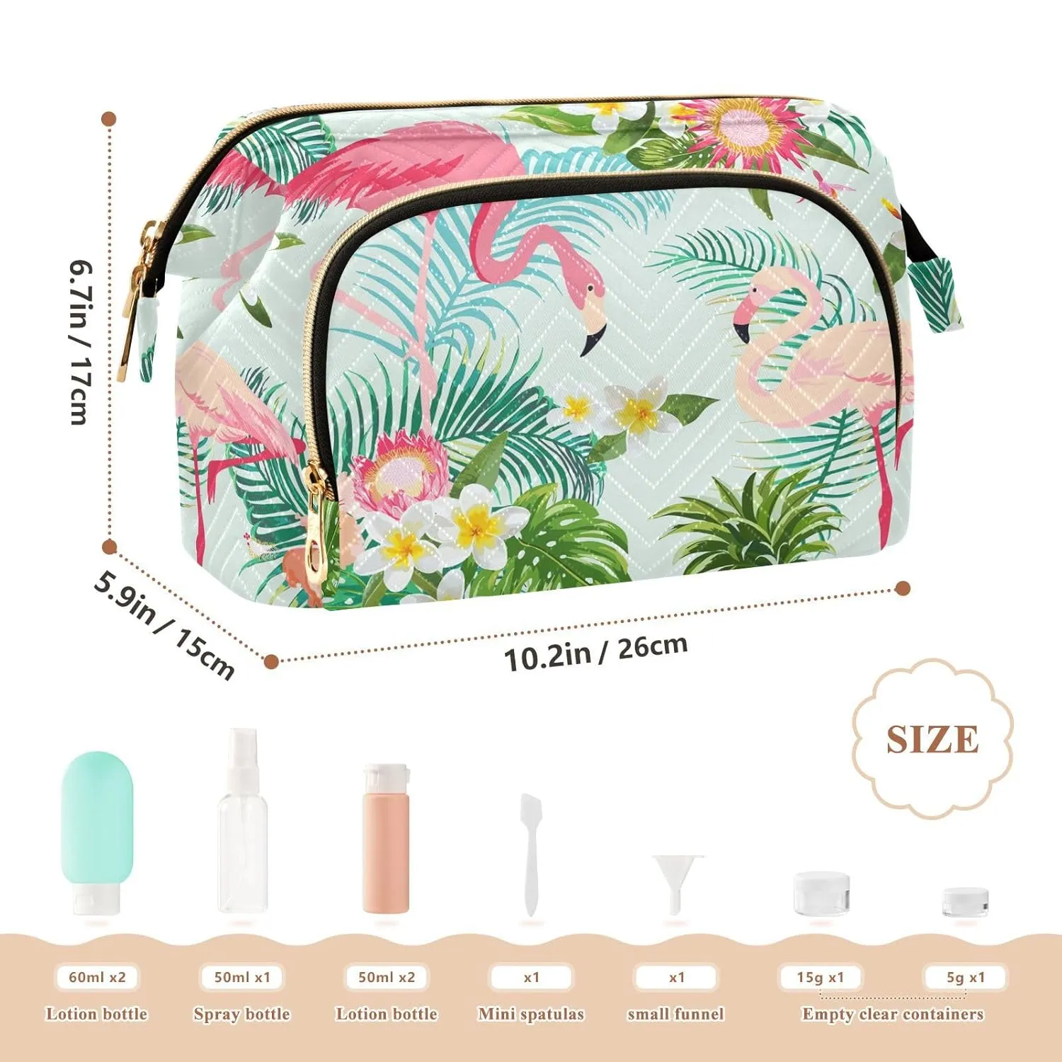 Women Wave Quilt Cosmetic Bag, Zipper Toiletry Storage 10.2x5.9x6.7 in, Pouch Handbag Makeup Case Purse Holder Organizer Print Tropical Palm Trees White Flowers Pink Flamingo Birds