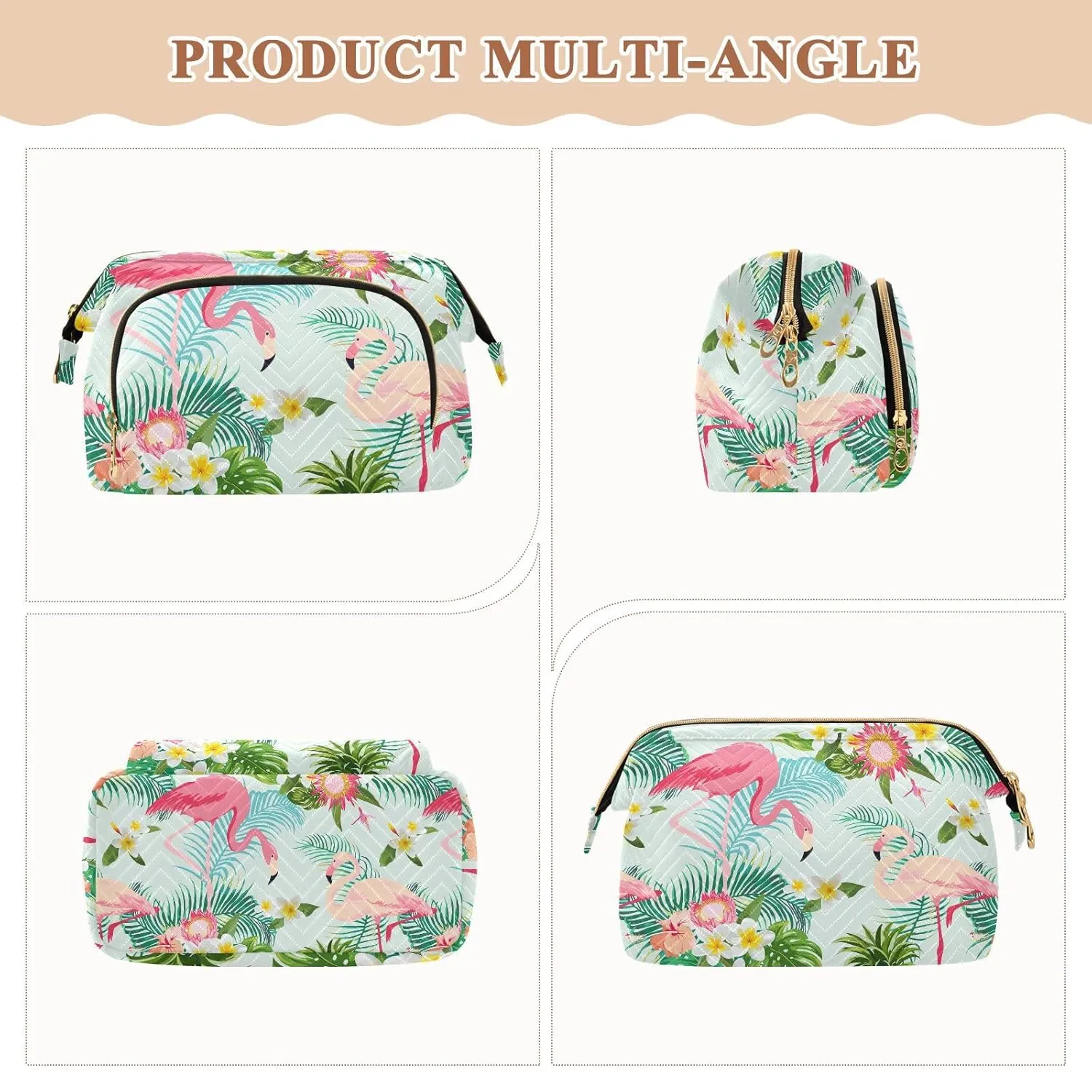 Women Wave Quilt Cosmetic Bag, Zipper Toiletry Storage 10.2x5.9x6.7 in, Pouch Handbag Makeup Case Purse Holder Organizer Print Tropical Palm Trees White Flowers Pink Flamingo Birds