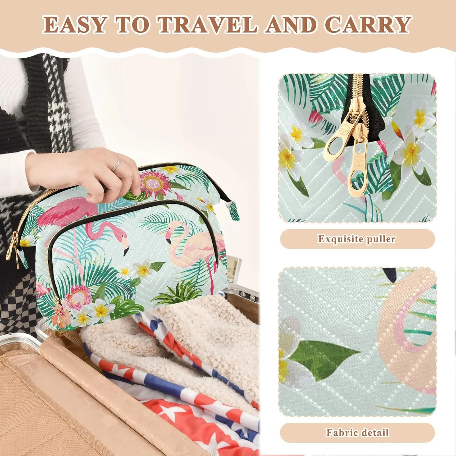 Women Wave Quilt Cosmetic Bag, Zipper Toiletry Storage 10.2x5.9x6.7 in, Pouch Handbag Makeup Case Purse Holder Organizer Print Tropical Palm Trees White Flowers Pink Flamingo Birds