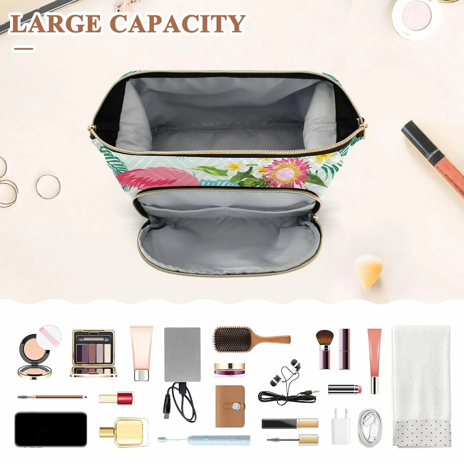 Women Wave Quilt Cosmetic Bag, Zipper Toiletry Storage 10.2x5.9x6.7 in, Pouch Handbag Makeup Case Purse Holder Organizer Print Tropical Palm Trees White Flowers Pink Flamingo Birds