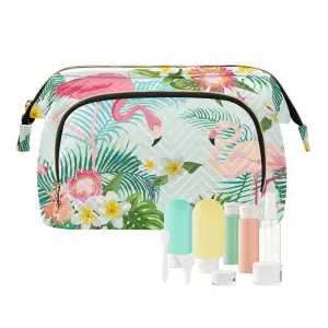Women Wave Quilt Cosmetic Bag, Zipper Toiletry Storage 10.2x5.9x6.7 in, Pouch Handbag Makeup Case Purse Holder Organizer Print Tropical Palm Trees White Flowers Pink Flamingo Birds