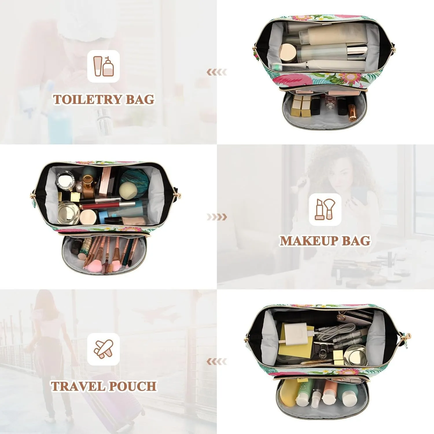 Women Wave Quilt Cosmetic Bag, Zipper Toiletry Storage 10.2x5.9x6.7 in, Pouch Handbag Makeup Case Purse Holder Organizer Print Tropical Palm Trees White Flowers Pink Flamingo Birds
