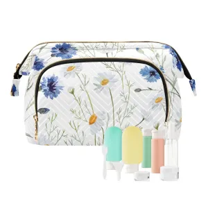 Women Wave Quilt Cosmetic Bag, Zipper Toiletry Storage 10.2x5.9x6.7 in, Pouch Handbag Makeup Case Purse Holder Organizer Print Watercolor Cornflower Daisy White Blue