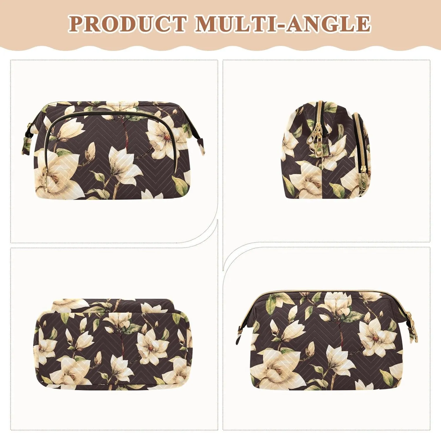 Women Wave Quilt Cosmetic Bag, Zipper Toiletry Storage 10.2x5.9x6.7 in, Pouch Handbag Makeup Case Purse Holder Organizer Print White Magnolia flowers With Leaves On Black