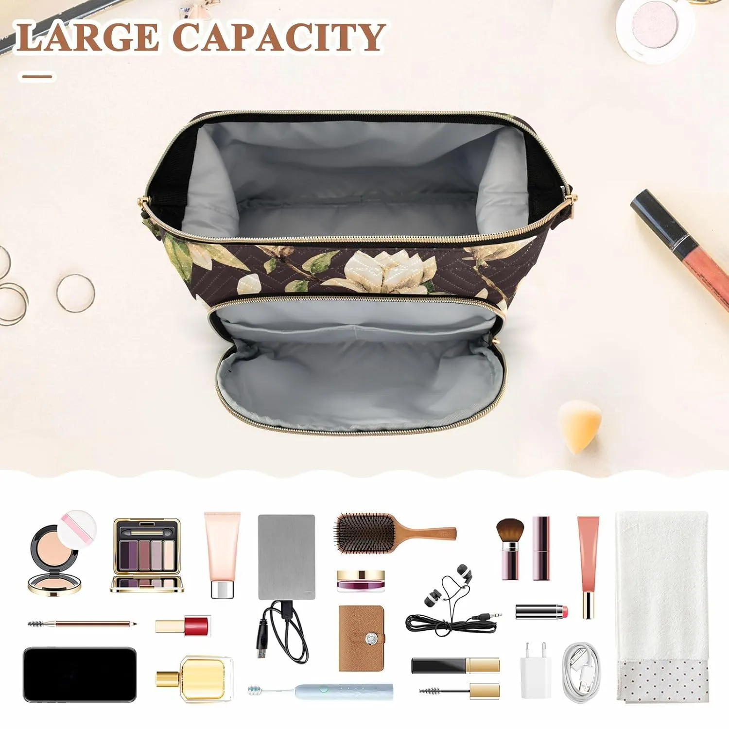 Women Wave Quilt Cosmetic Bag, Zipper Toiletry Storage 10.2x5.9x6.7 in, Pouch Handbag Makeup Case Purse Holder Organizer Print White Magnolia flowers With Leaves On Black