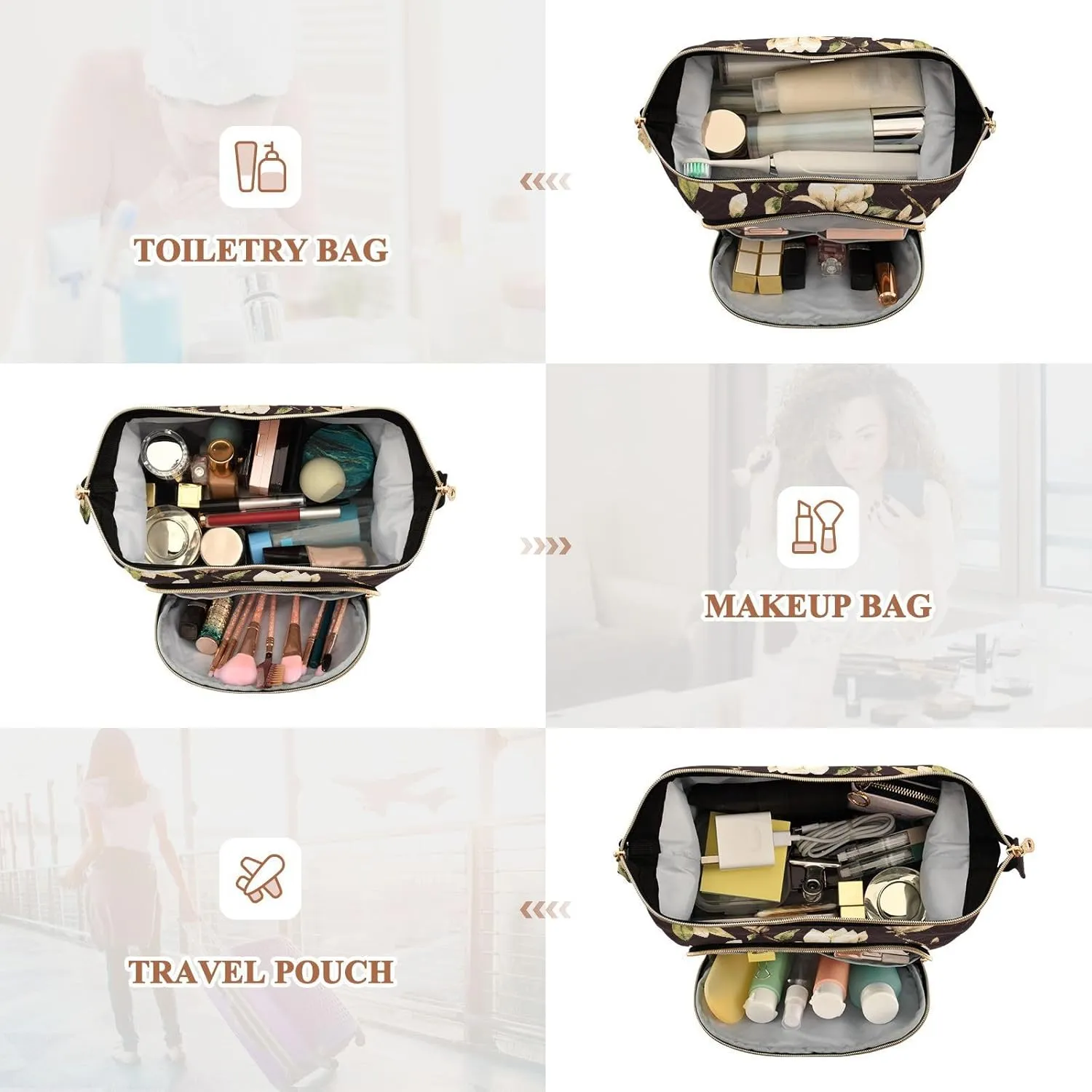 Women Wave Quilt Cosmetic Bag, Zipper Toiletry Storage 10.2x5.9x6.7 in, Pouch Handbag Makeup Case Purse Holder Organizer Print White Magnolia flowers With Leaves On Black