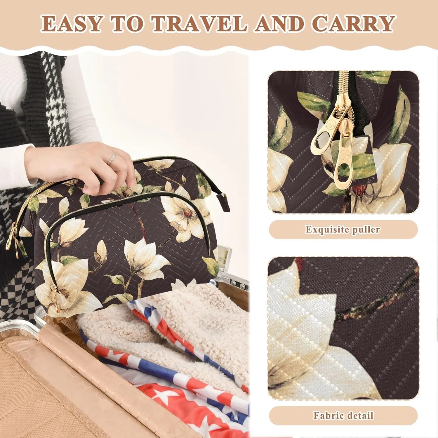 Women Wave Quilt Cosmetic Bag, Zipper Toiletry Storage 10.2x5.9x6.7 in, Pouch Handbag Makeup Case Purse Holder Organizer Print White Magnolia flowers With Leaves On Black
