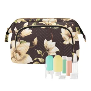 Women Wave Quilt Cosmetic Bag, Zipper Toiletry Storage 10.2x5.9x6.7 in, Pouch Handbag Makeup Case Purse Holder Organizer Print White Magnolia flowers With Leaves On Black