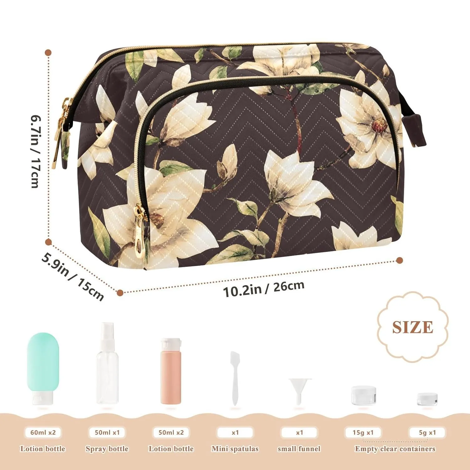 Women Wave Quilt Cosmetic Bag, Zipper Toiletry Storage 10.2x5.9x6.7 in, Pouch Handbag Makeup Case Purse Holder Organizer Print White Magnolia flowers With Leaves On Black
