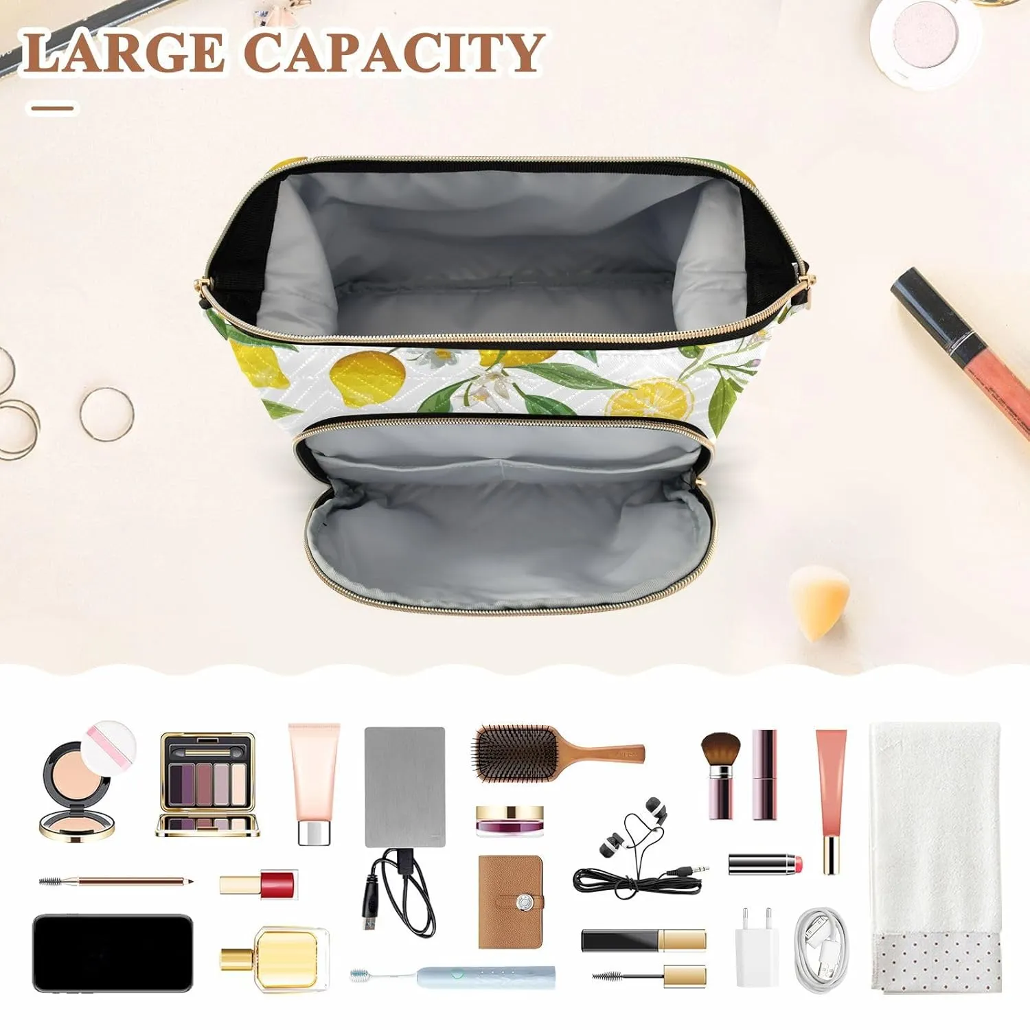 Women Wave Quilt Cosmetic Bag, Zipper Toiletry Storage 10.2x5.9x6.7 in, Pouch Handbag Makeup Case Purse Holder Organizer Print Yellow Lemon Fruits With Green Leaves White Flowers