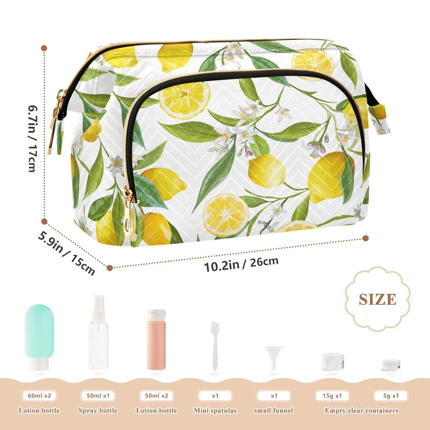 Women Wave Quilt Cosmetic Bag, Zipper Toiletry Storage 10.2x5.9x6.7 in, Pouch Handbag Makeup Case Purse Holder Organizer Print Yellow Lemon Fruits With Green Leaves White Flowers