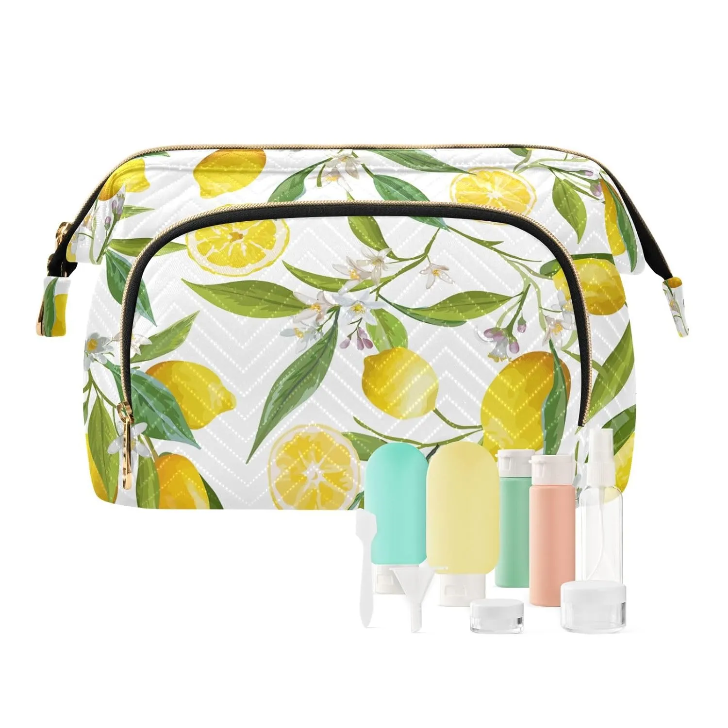 Women Wave Quilt Cosmetic Bag, Zipper Toiletry Storage 10.2x5.9x6.7 in, Pouch Handbag Makeup Case Purse Holder Organizer Print Yellow Lemon Fruits With Green Leaves White Flowers
