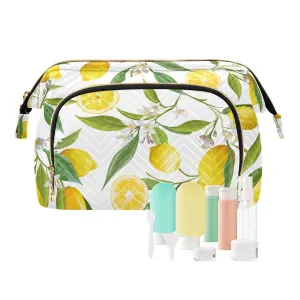Women Wave Quilt Cosmetic Bag, Zipper Toiletry Storage 10.2x5.9x6.7 in, Pouch Handbag Makeup Case Purse Holder Organizer Print Yellow Lemon Fruits With Green Leaves White Flowers