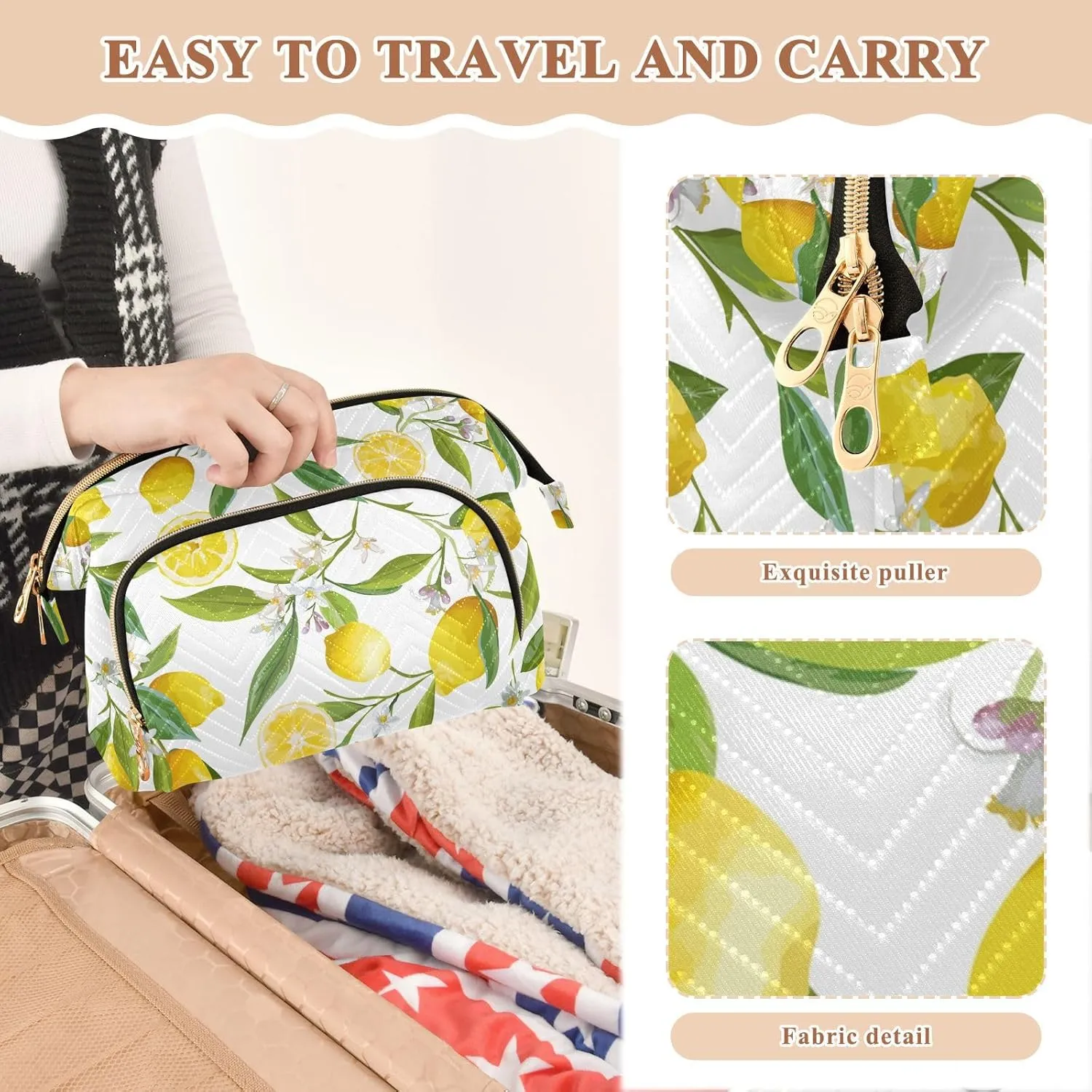 Women Wave Quilt Cosmetic Bag, Zipper Toiletry Storage 10.2x5.9x6.7 in, Pouch Handbag Makeup Case Purse Holder Organizer Print Yellow Lemon Fruits With Green Leaves White Flowers