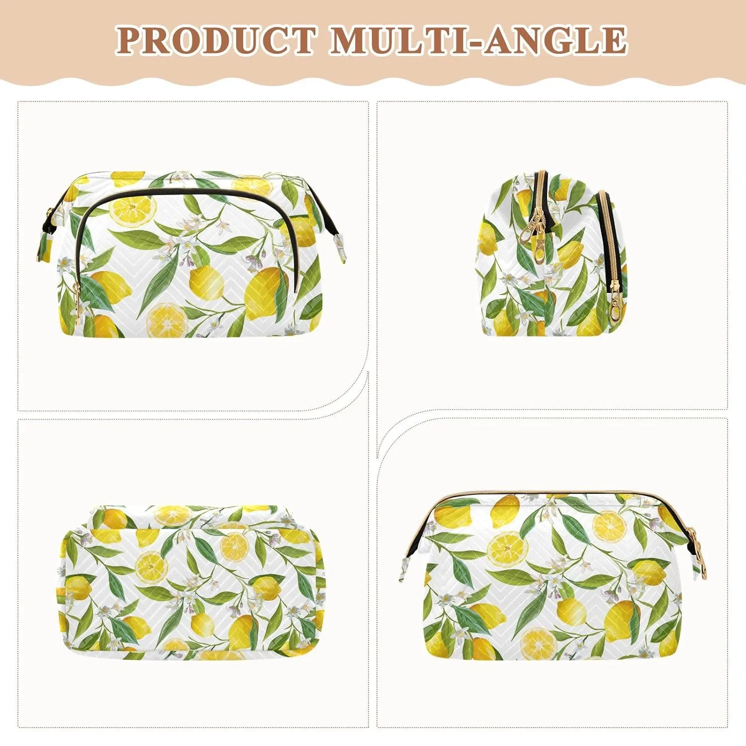 Women Wave Quilt Cosmetic Bag, Zipper Toiletry Storage 10.2x5.9x6.7 in, Pouch Handbag Makeup Case Purse Holder Organizer Print Yellow Lemon Fruits With Green Leaves White Flowers