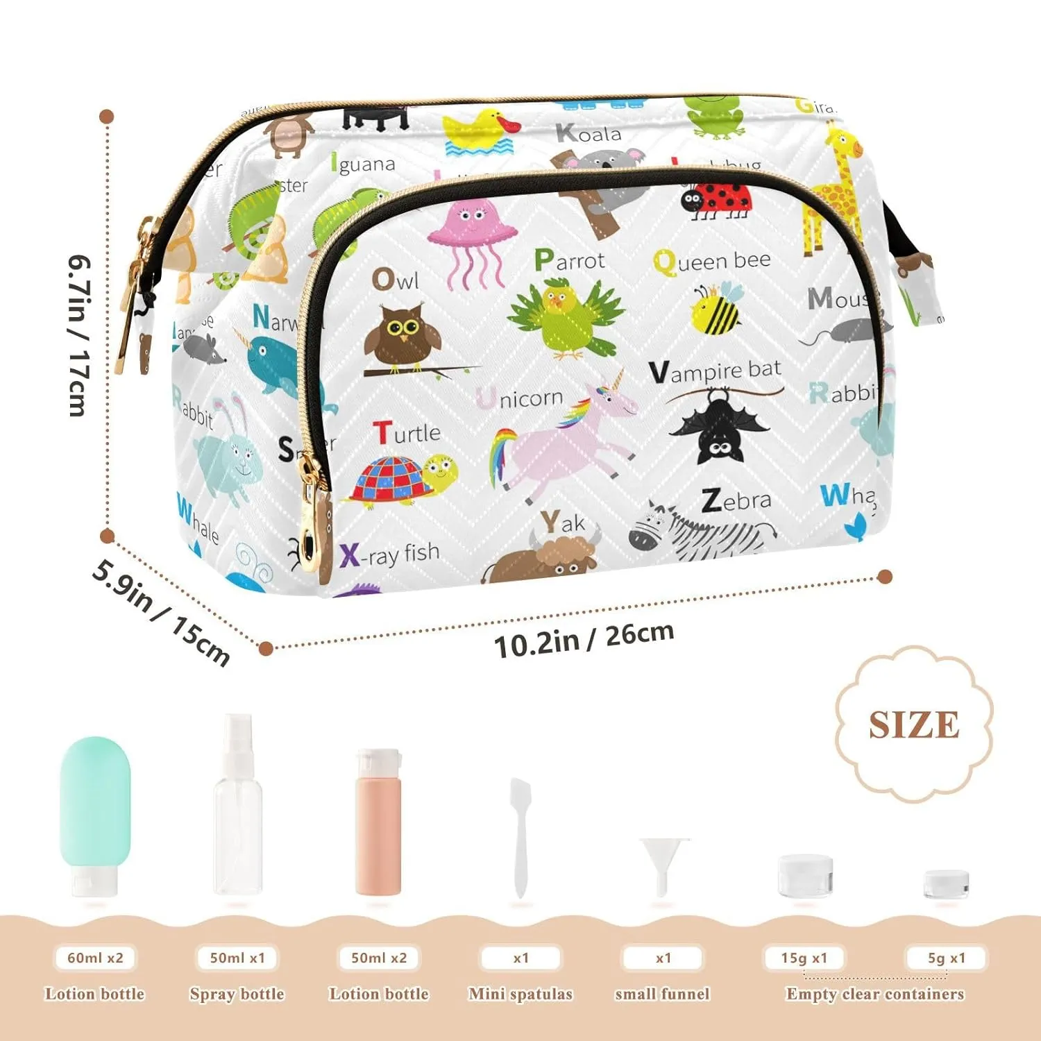 Women Wave Quilt Cosmetic Bag, Zipper Toiletry Storage 10.2x5.9x6.7 in, Pouch Handbag Makeup Case Purse Holder Organizer Print Zoo Animal Alphabet Education