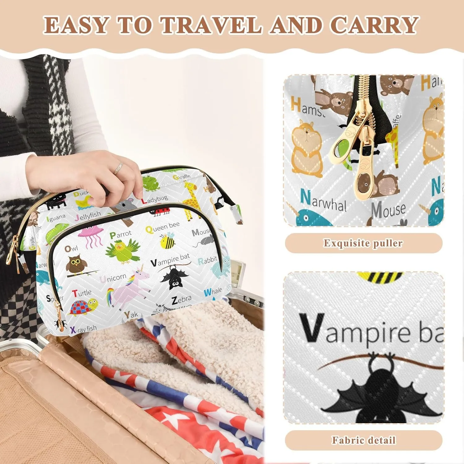 Women Wave Quilt Cosmetic Bag, Zipper Toiletry Storage 10.2x5.9x6.7 in, Pouch Handbag Makeup Case Purse Holder Organizer Print Zoo Animal Alphabet Education