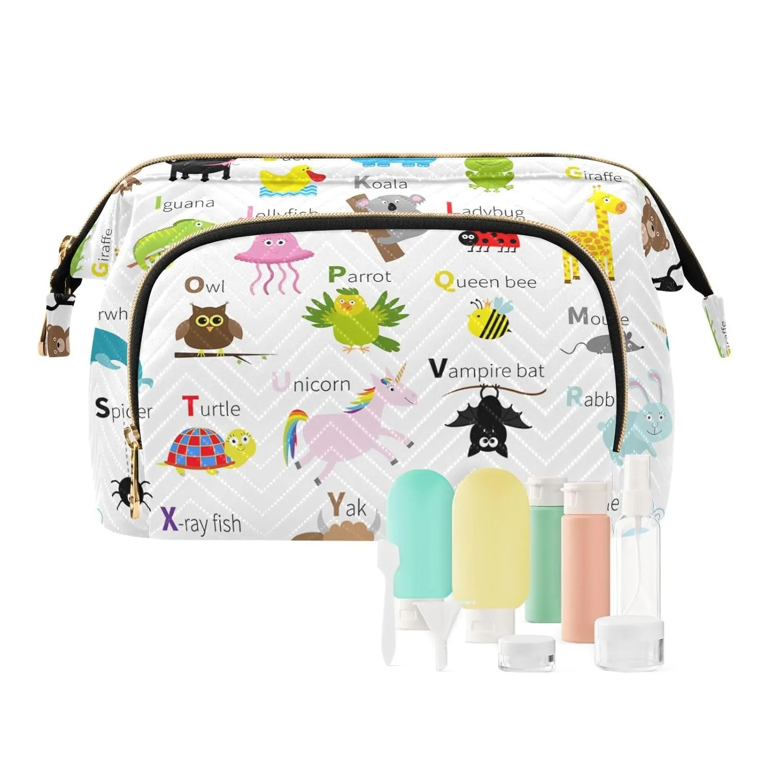 Women Wave Quilt Cosmetic Bag, Zipper Toiletry Storage 10.2x5.9x6.7 in, Pouch Handbag Makeup Case Purse Holder Organizer Print Zoo Animal Alphabet Education
