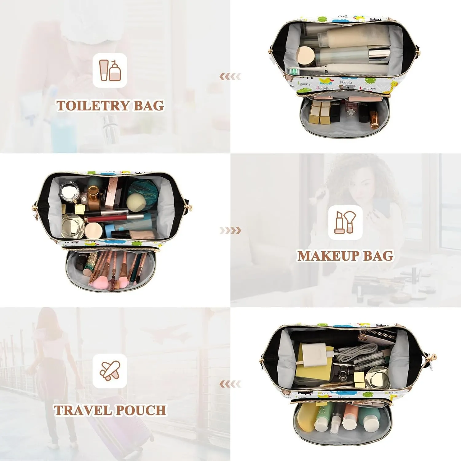 Women Wave Quilt Cosmetic Bag, Zipper Toiletry Storage 10.2x5.9x6.7 in, Pouch Handbag Makeup Case Purse Holder Organizer Print Zoo Animal Alphabet Education