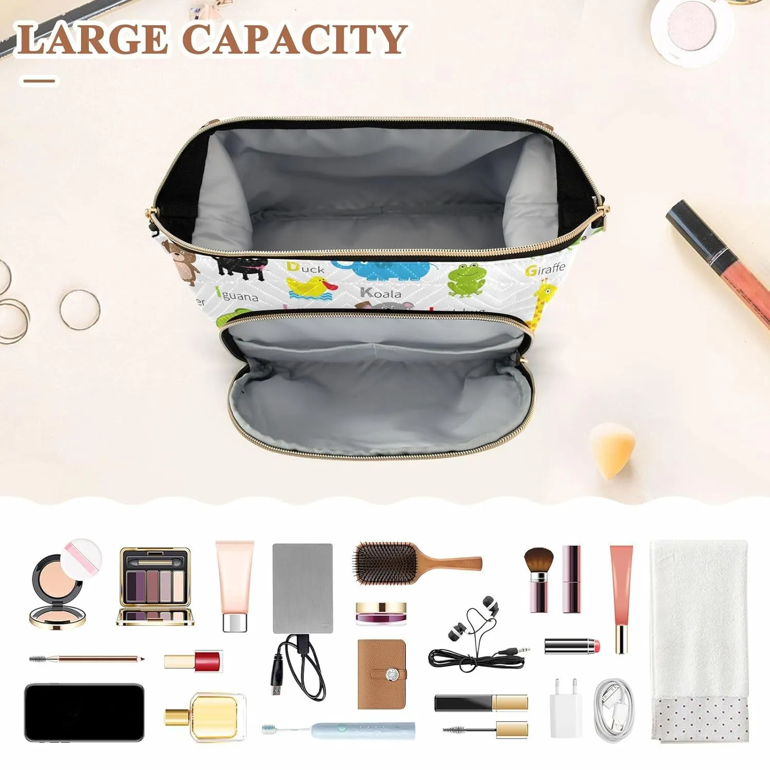 Women Wave Quilt Cosmetic Bag, Zipper Toiletry Storage 10.2x5.9x6.7 in, Pouch Handbag Makeup Case Purse Holder Organizer Print Zoo Animal Alphabet Education