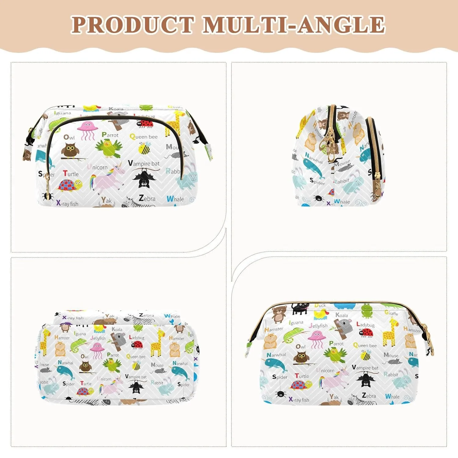 Women Wave Quilt Cosmetic Bag, Zipper Toiletry Storage 10.2x5.9x6.7 in, Pouch Handbag Makeup Case Purse Holder Organizer Print Zoo Animal Alphabet Education