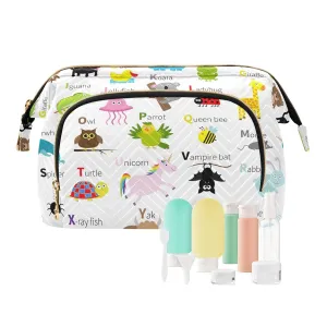 Women Wave Quilt Cosmetic Bag, Zipper Toiletry Storage 10.2x5.9x6.7 in, Pouch Handbag Makeup Case Purse Holder Organizer Print Zoo Animal Alphabet Education