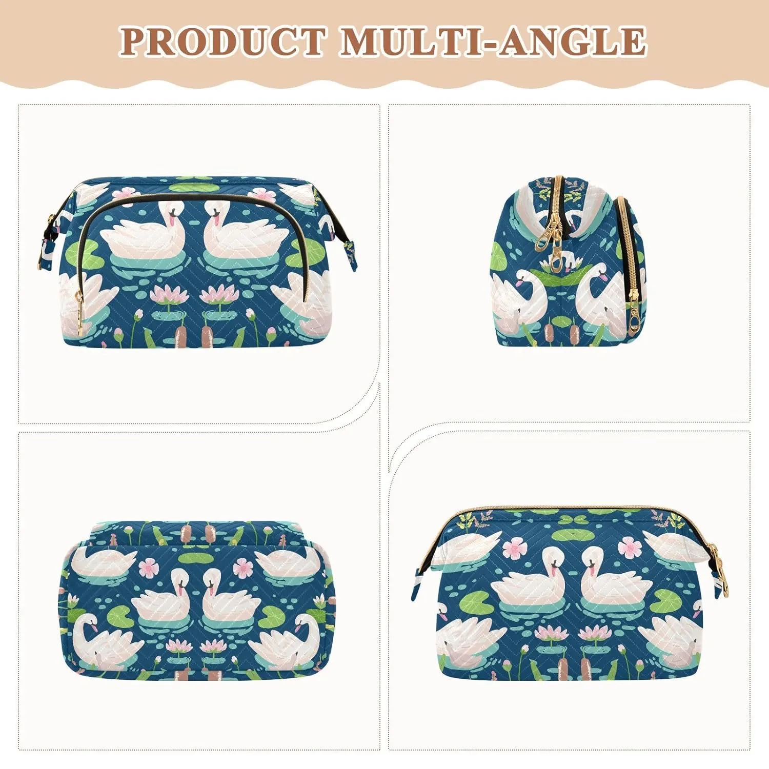 Women Wave Quilt Cosmetic Bag, Zipper Toiletry Storage 10.2x5.9x6.7 in, Pouch Handbag Makeup Case Purse Holder Organizer White Swans Water Lilies Green Leaves Pond