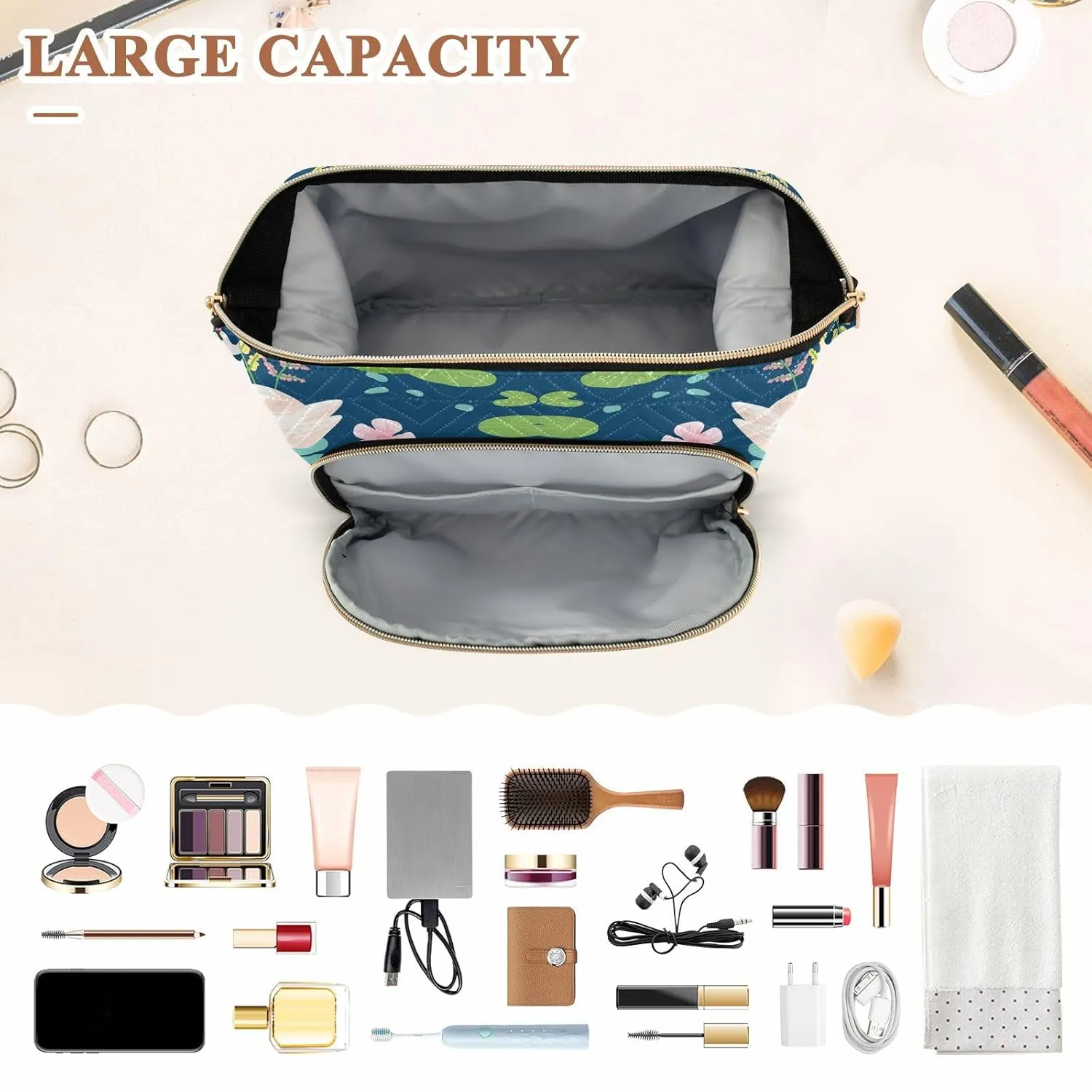 Women Wave Quilt Cosmetic Bag, Zipper Toiletry Storage 10.2x5.9x6.7 in, Pouch Handbag Makeup Case Purse Holder Organizer White Swans Water Lilies Green Leaves Pond