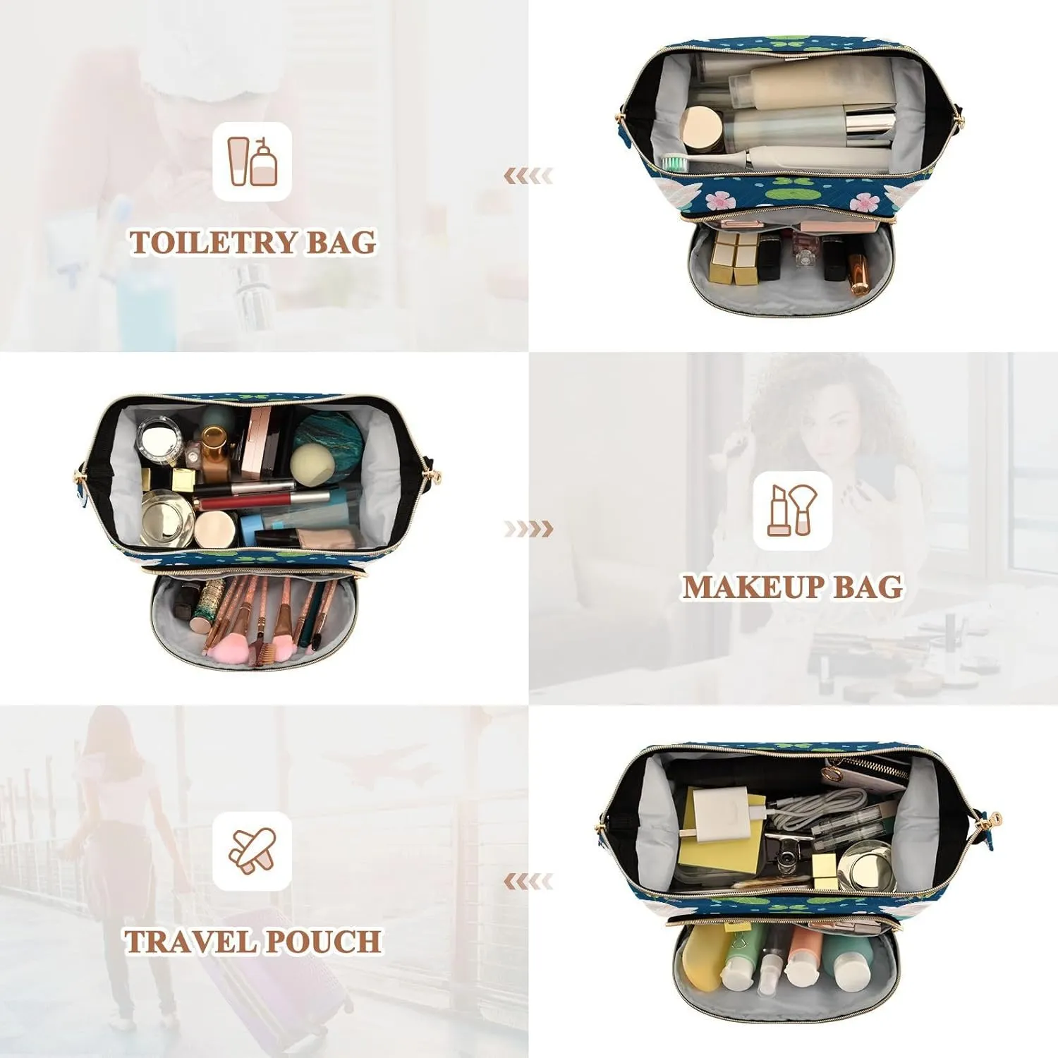 Women Wave Quilt Cosmetic Bag, Zipper Toiletry Storage 10.2x5.9x6.7 in, Pouch Handbag Makeup Case Purse Holder Organizer White Swans Water Lilies Green Leaves Pond
