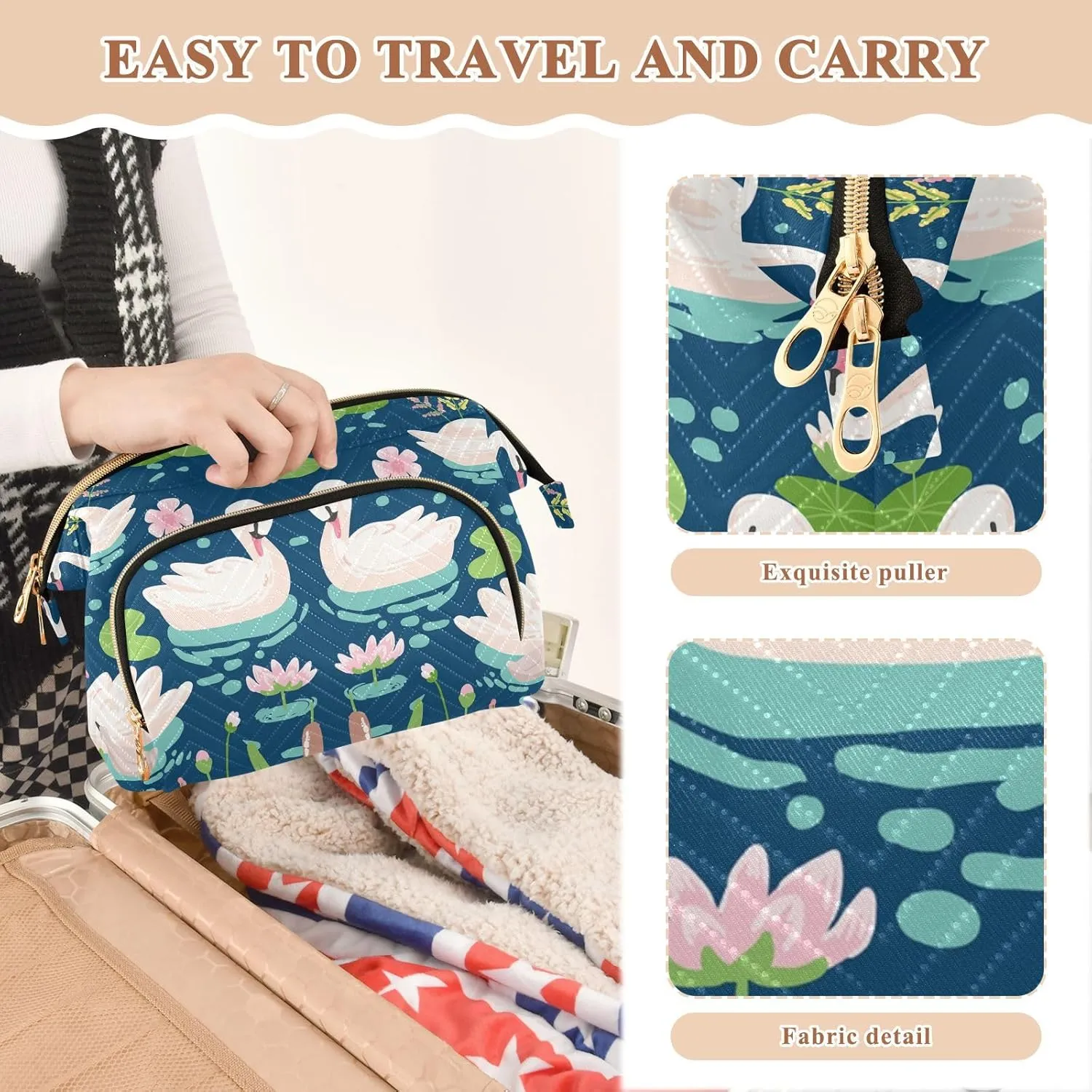 Women Wave Quilt Cosmetic Bag, Zipper Toiletry Storage 10.2x5.9x6.7 in, Pouch Handbag Makeup Case Purse Holder Organizer White Swans Water Lilies Green Leaves Pond