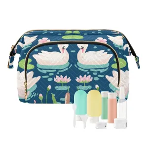 Women Wave Quilt Cosmetic Bag, Zipper Toiletry Storage 10.2x5.9x6.7 in, Pouch Handbag Makeup Case Purse Holder Organizer White Swans Water Lilies Green Leaves Pond