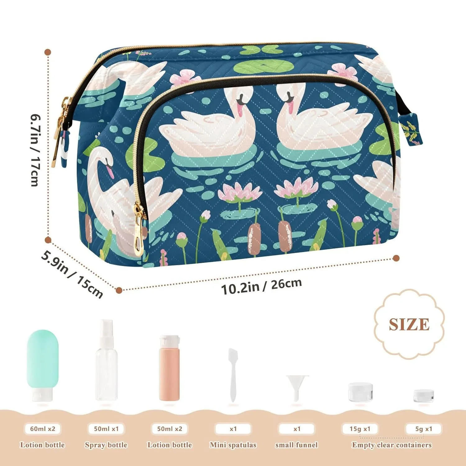 Women Wave Quilt Cosmetic Bag, Zipper Toiletry Storage 10.2x5.9x6.7 in, Pouch Handbag Makeup Case Purse Holder Organizer White Swans Water Lilies Green Leaves Pond
