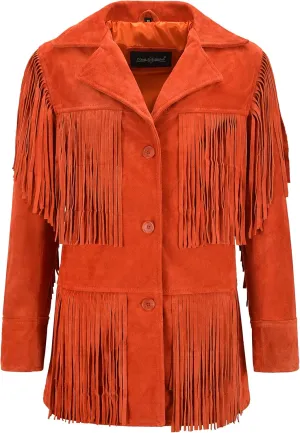 Women Western Fringes Leather Jacket Orange Classic Fringe Real Suede Jacket 5937 (16)