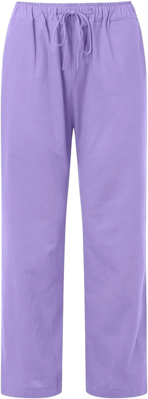 Women Wide Leg Linen Pants Summer Casual High Waist Palazzo Pant Loose Fit Ruched Trouser with Pocket