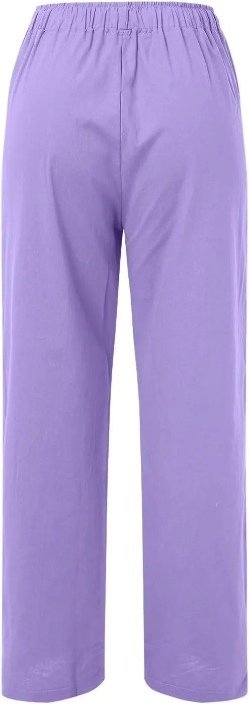 Women Wide Leg Linen Pants Summer Casual High Waist Palazzo Pant Loose Fit Ruched Trouser with Pocket