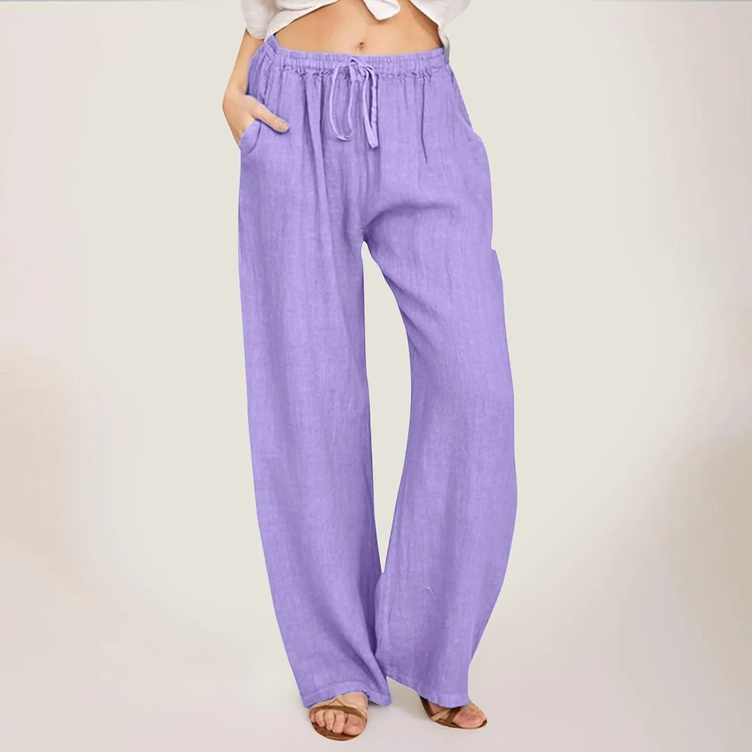 Women Wide Leg Linen Pants Summer Casual High Waist Palazzo Pant Loose Fit Ruched Trouser with Pocket